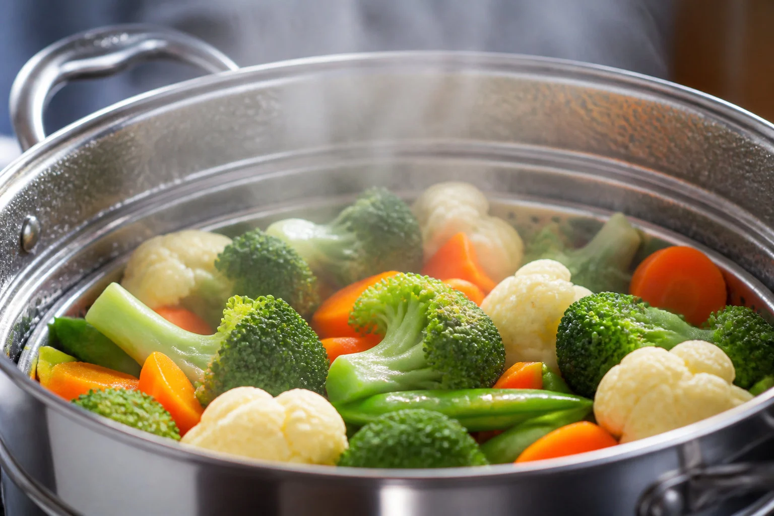 steaming mixed vegetables in metal pot Techniques de cuisson et conservation des portions