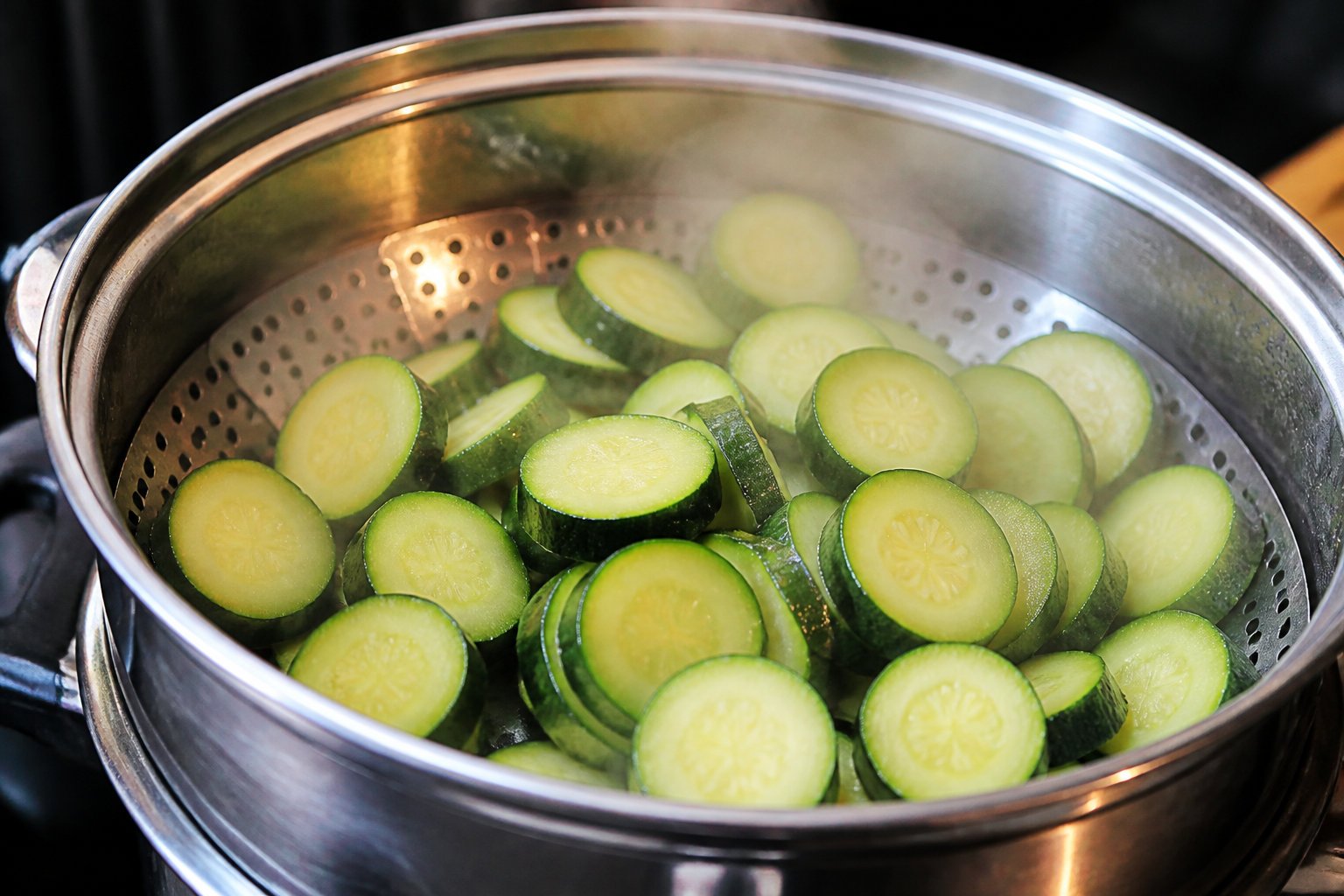 steaming sliced zucchinis in metal pot Maîtriser la cuisson et le mixage pour une purée onctueuse