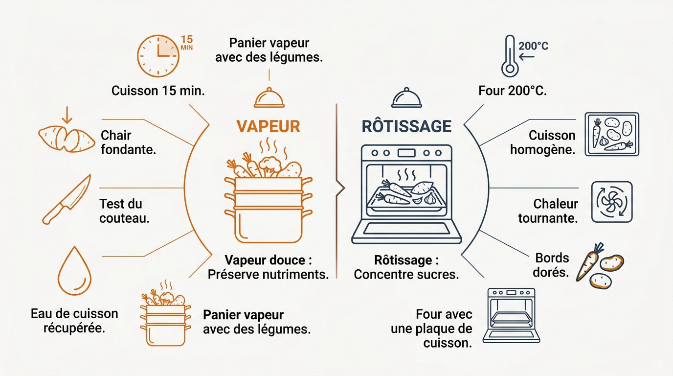 Comparaison visuelle entre la cuisson vapeur et le rôtissage des légumes