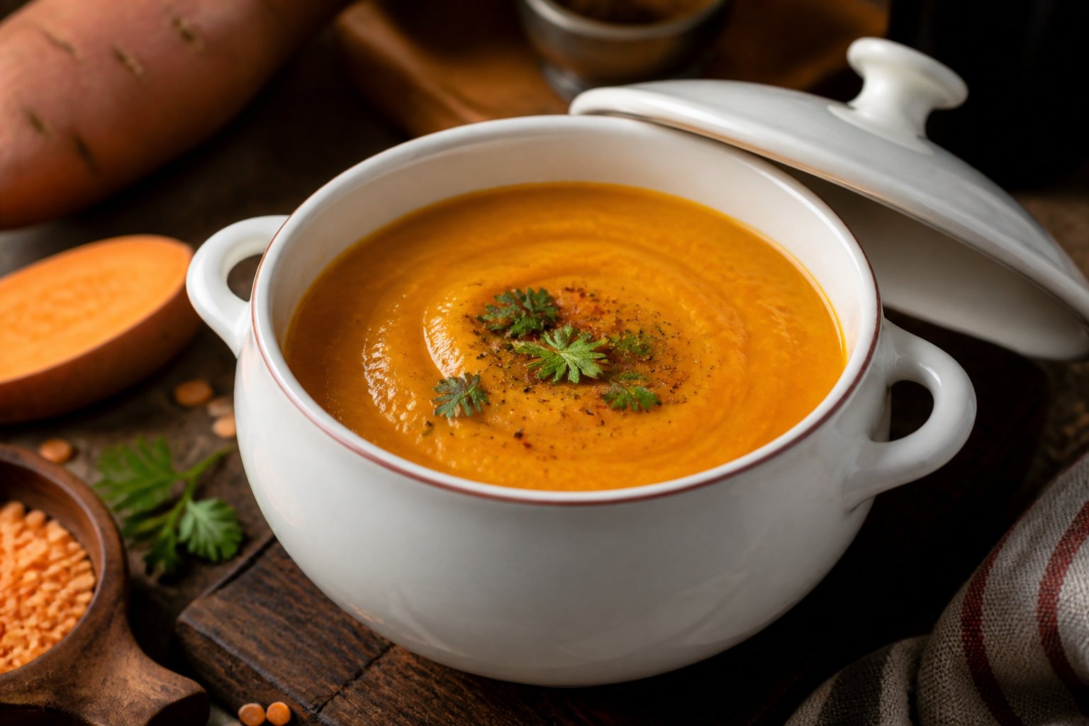 Cuisiner un velouté de patate douce et lentilles corail