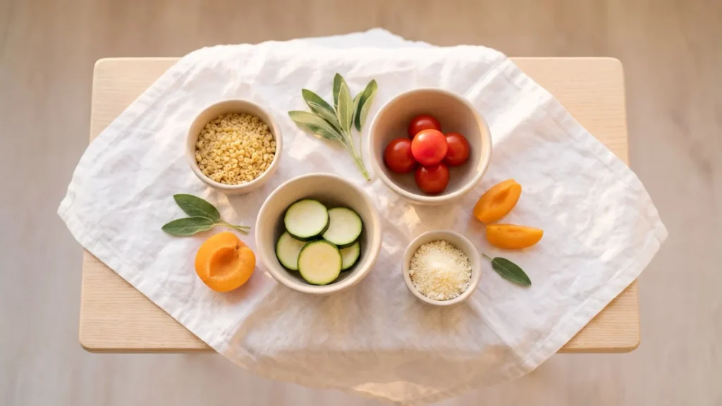 Petites pâtes, courgette, fromage râpé et tomate pour le dîner de bébé