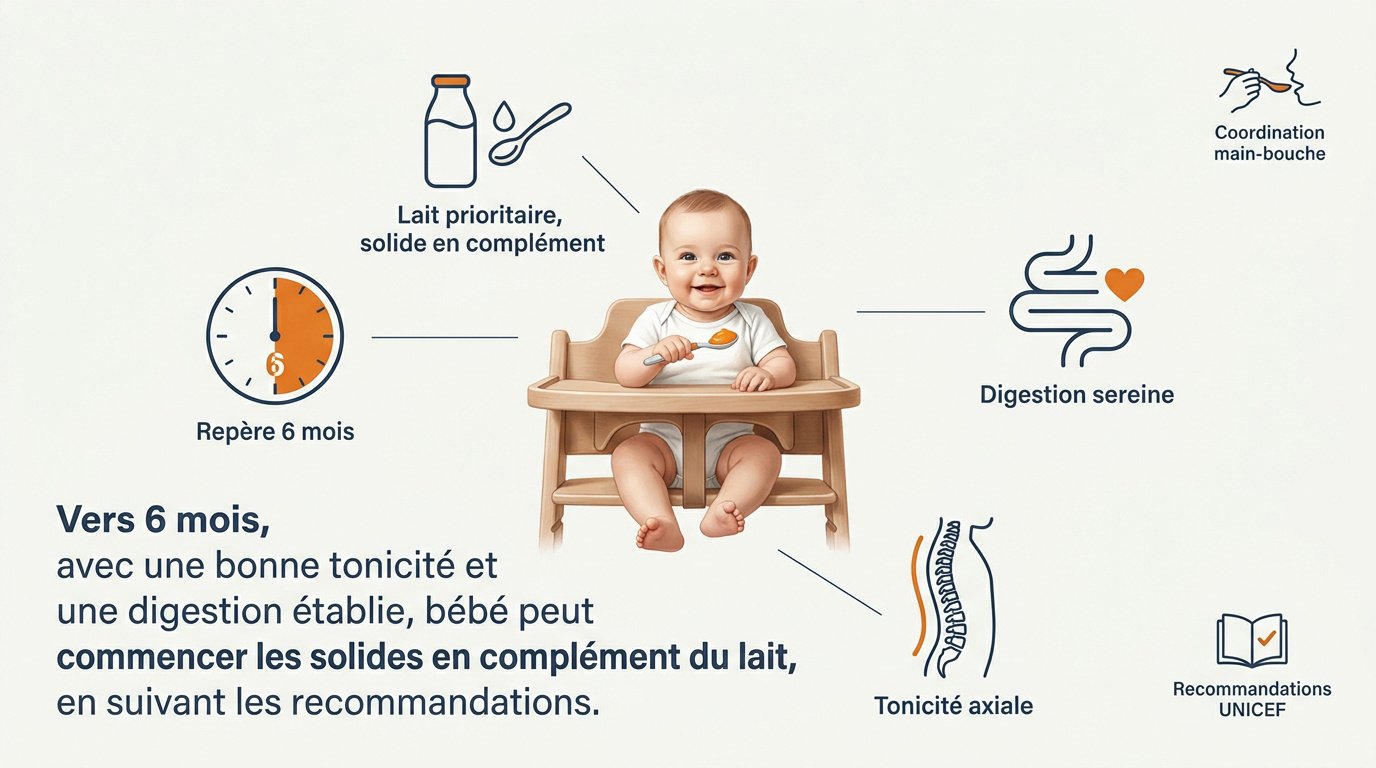 Bébé de six mois découvrant ses premières purées de légumes le soir