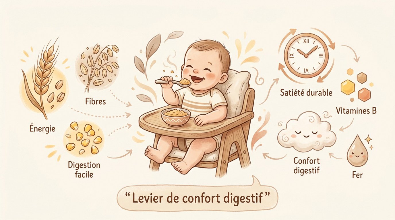 Bébé heureux découvrant les céréales infantiles