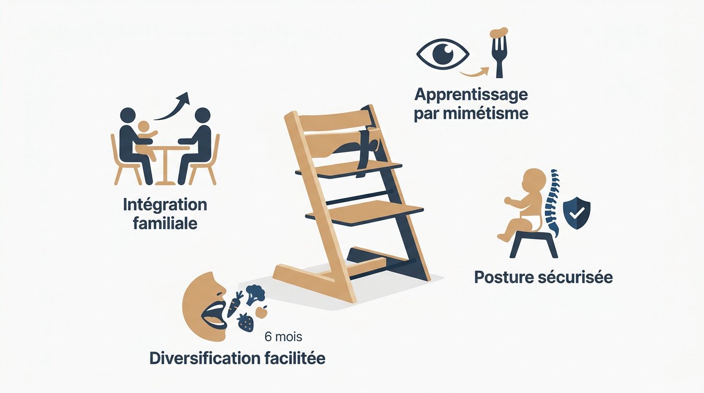 Bébé souriant assis dans une chaise haute en bois partageant un repas avec ses parents à table
