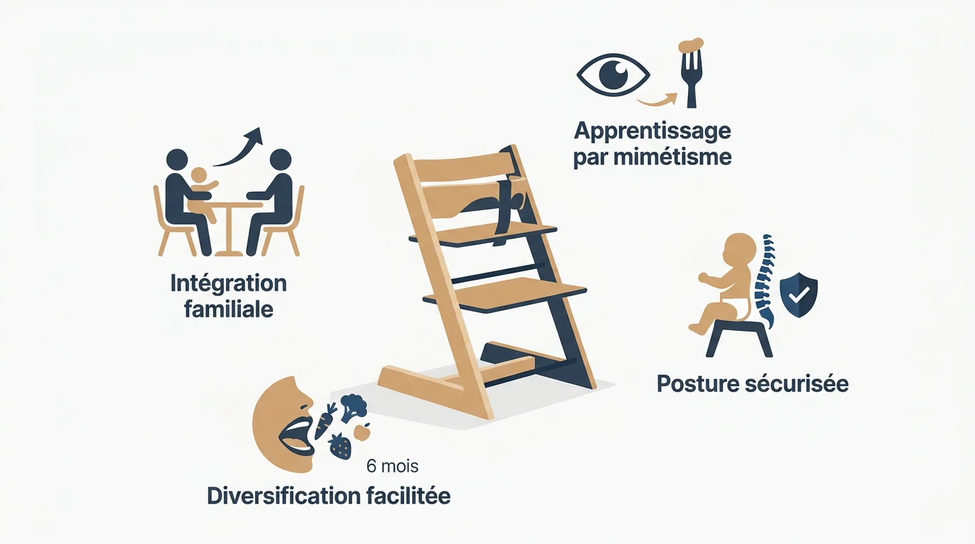 chaise haute bebe integration apprentissage et securite Bébé souriant assis dans une chaise haute en bois partageant un repas avec ses parents à table