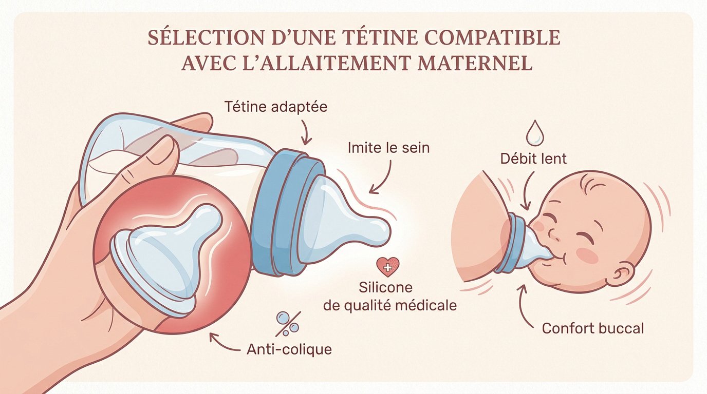 Bébé prenant un biberon avec une tétine à base large compatible avec l'allaitement