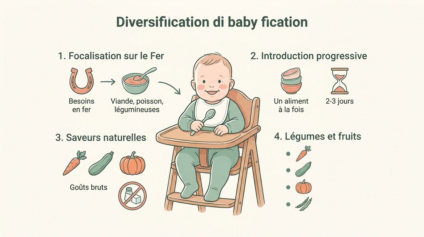 Bébé découvrant ses premières purées de légumes et de fruits