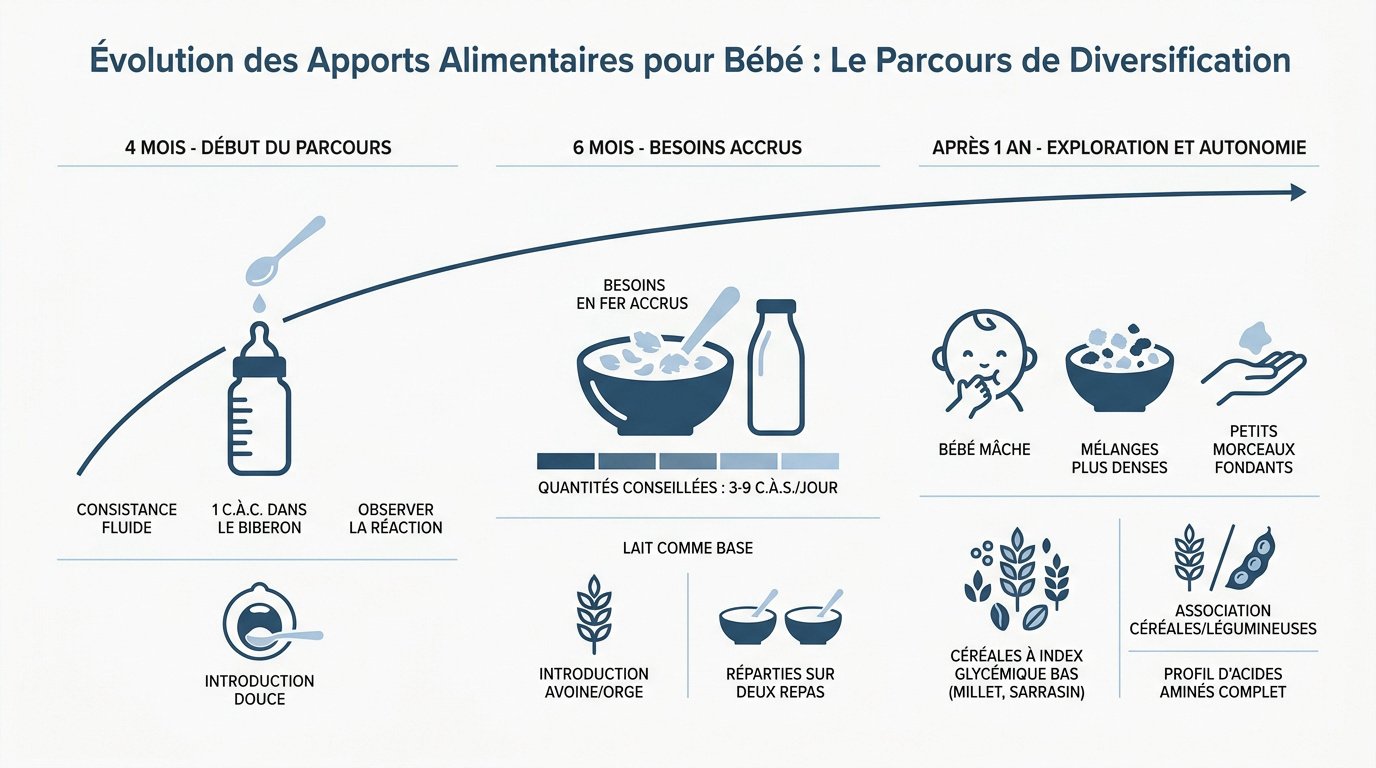 Graphique de l'évolution des apports en céréales et nutriments pour bébé selon l'âge