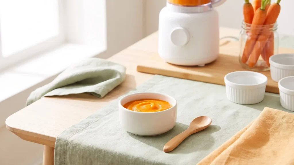 Petit mixeur blanc pour bébé et bol de purée de carotte lisse