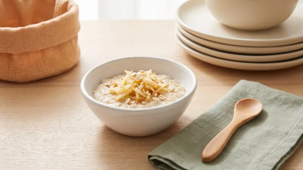 Bol de porridge d'avoine tiède pour bébé avec de la pomme râpée