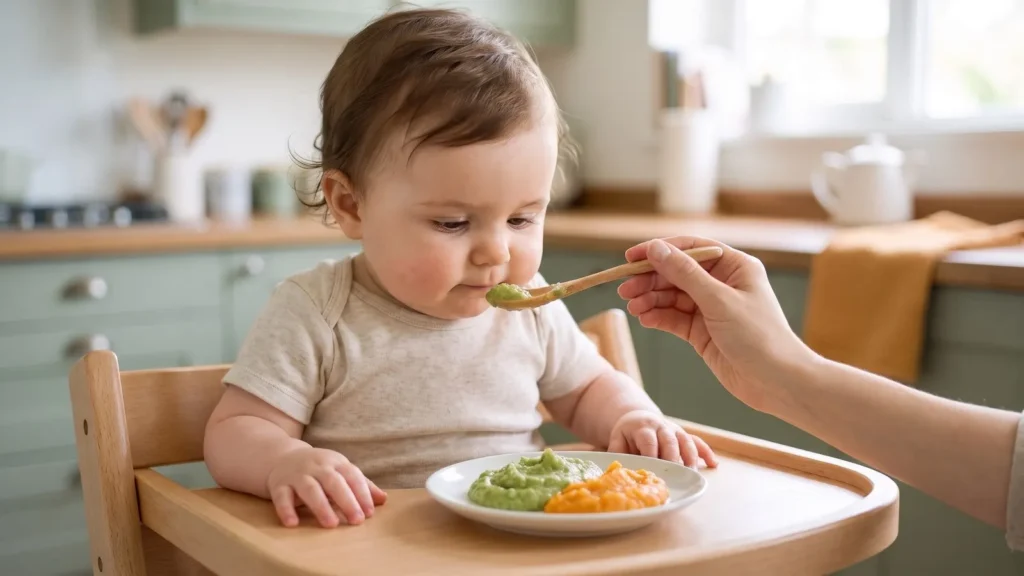 Bébé dans sa chaise haute devant une assiette de légumes écrasés faits maison