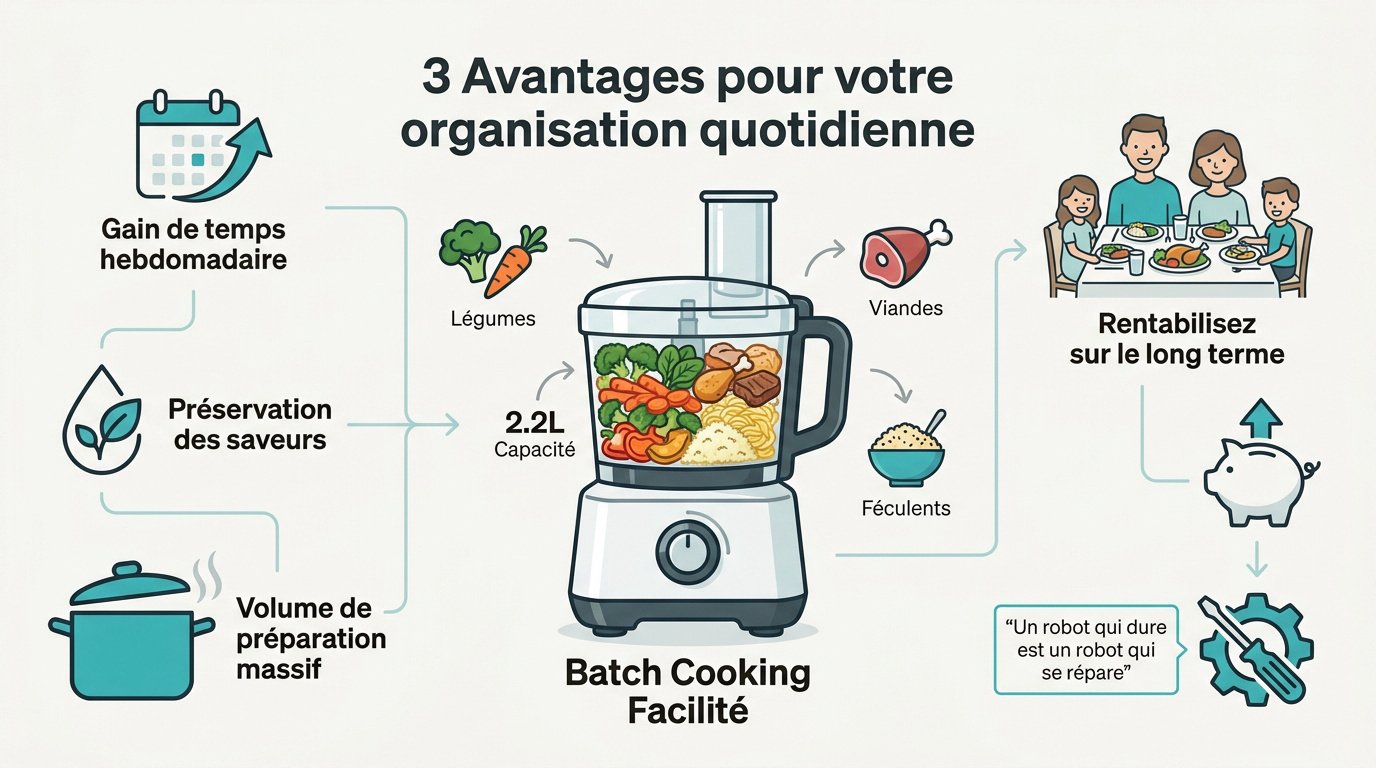 Infographie présentant les trois avantages majeurs du batch cooking pour les parents