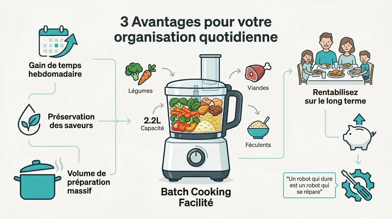 Infographie présentant les trois avantages majeurs du batch cooking pour les parents