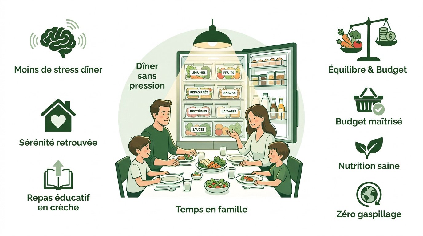 Infographie détaillant les avantages du batch cooking pour l'organisation des repas familiaux