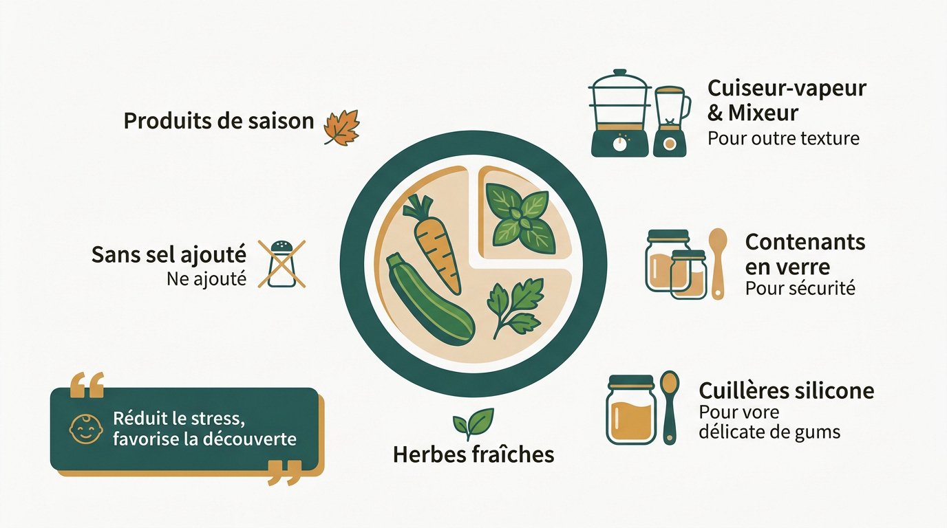 Infographie présentant les étapes de préparation d'un repas sain pour bébé