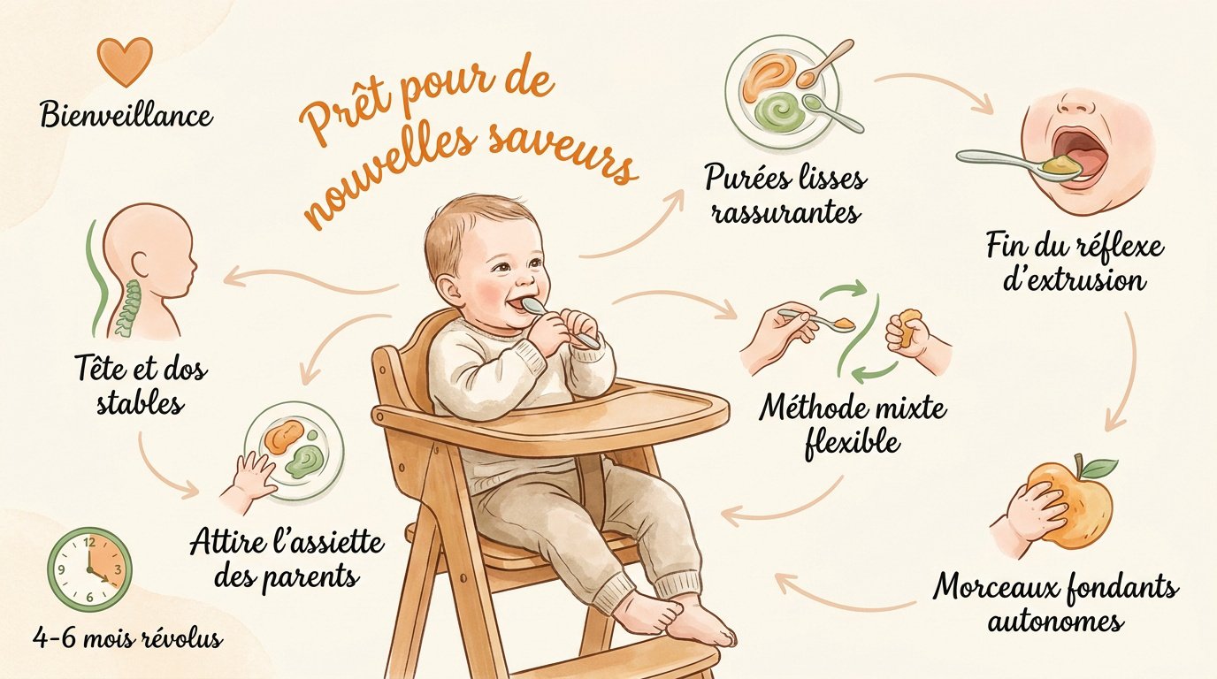 Bébé découvrant ses premières purées lors de la diversification alimentaire