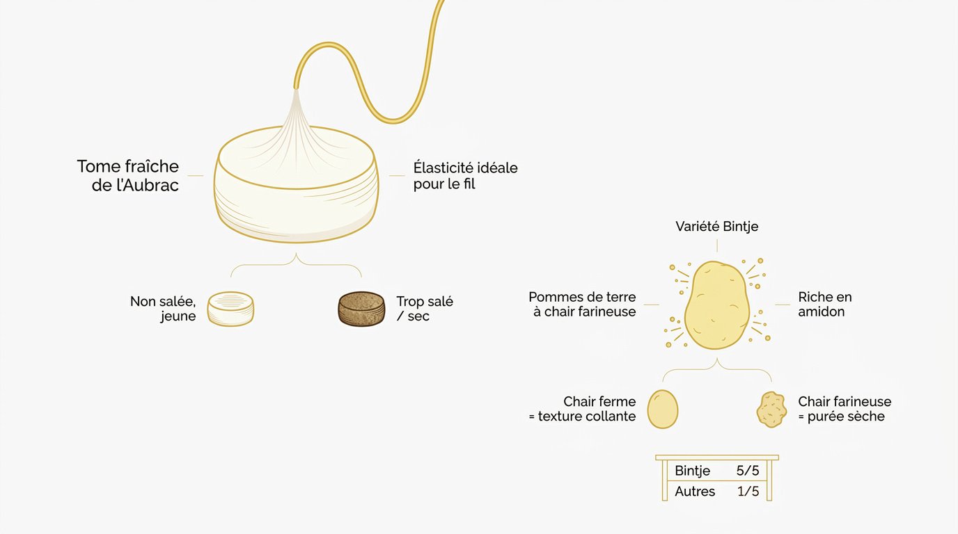 Tome fraîche de l'Aubrac et pommes de terre Bintje pour la préparation de l'aligot traditionnel