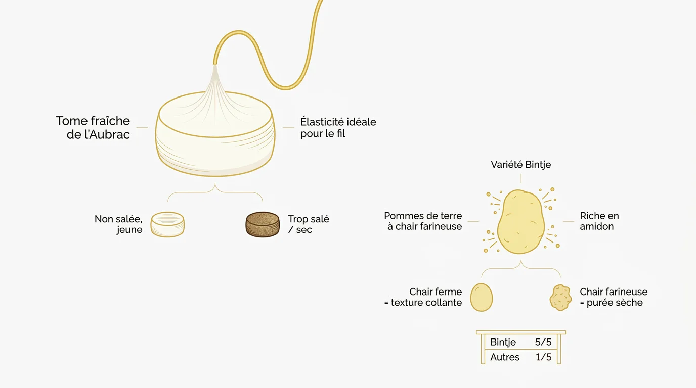 Tome fraîche de l'Aubrac et pommes de terre Bintje pour la préparation de l'aligot traditionnel