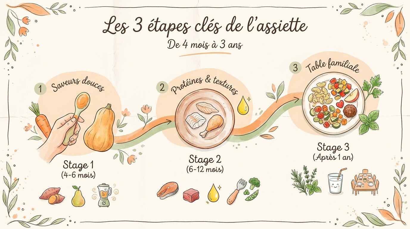 Graphique des étapes de l'alimentation de bébé de 4 mois à 3 ans