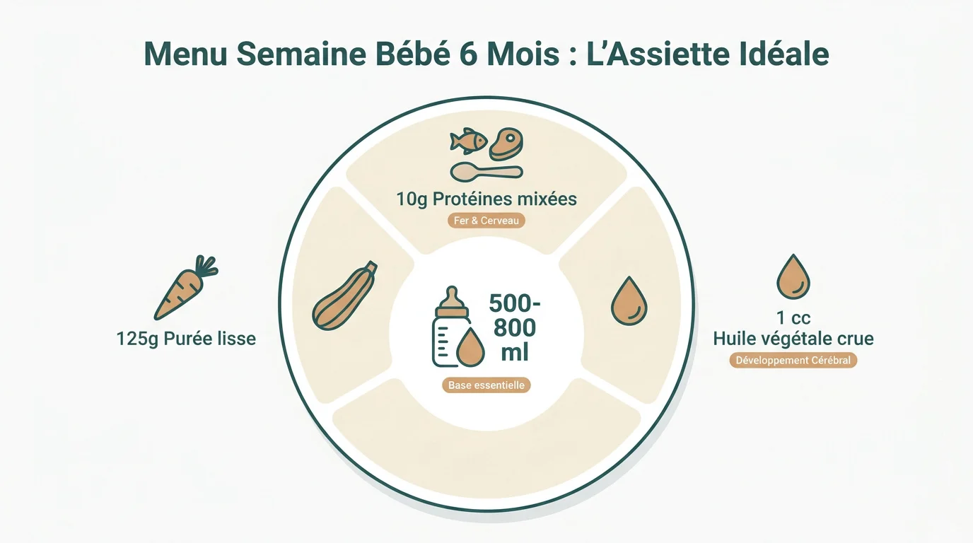 Exemple d'assiette équilibrée pour un menu de semaine pour bébé de 6 mois avec purée et protéines