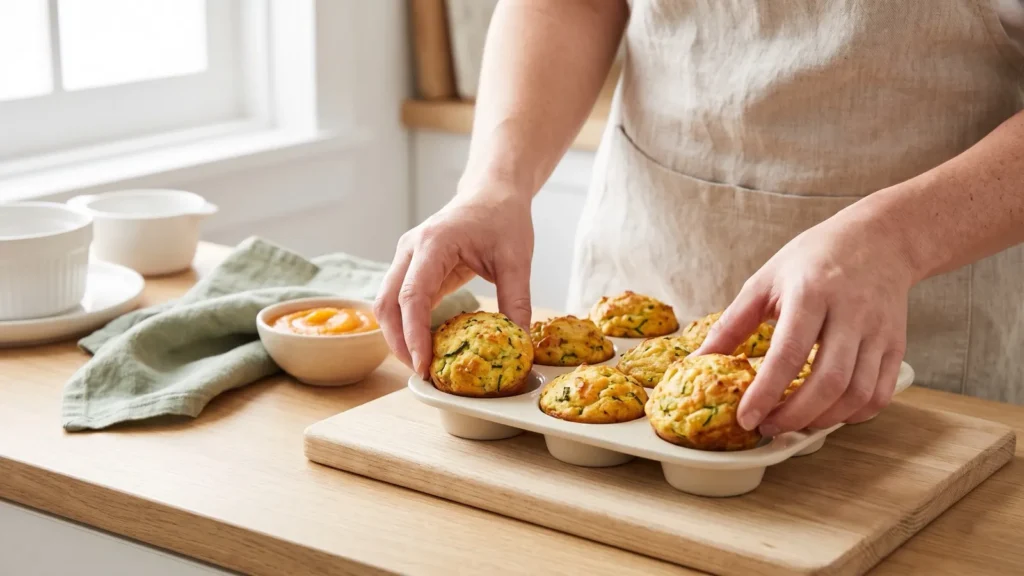 Mains qui démoulent de petits muffins salés à la courgette et au fromage
