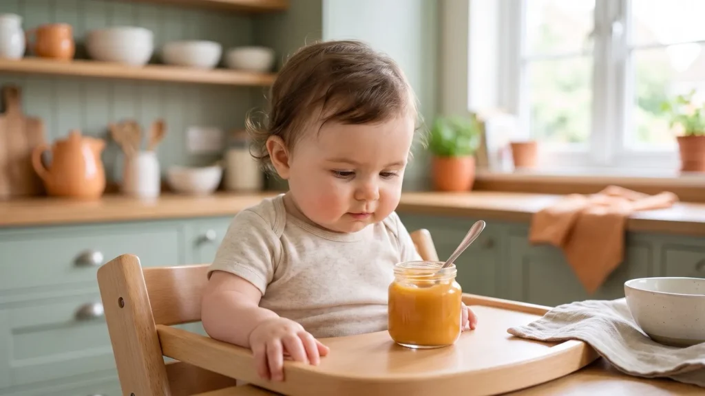 Bébé goûte sa première cuillère de purée de légumes servie dans un petit pot en verre