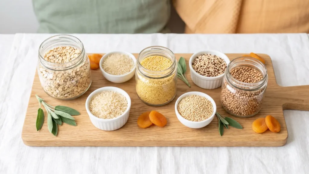 Avoine, riz, millet, quinoa et sarrasin rangés dans de petits bocaux et bols en bois