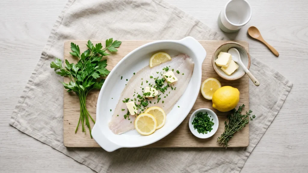 Filet de sole, citron, persil et beurre dans un plat avant la cuisson au four
