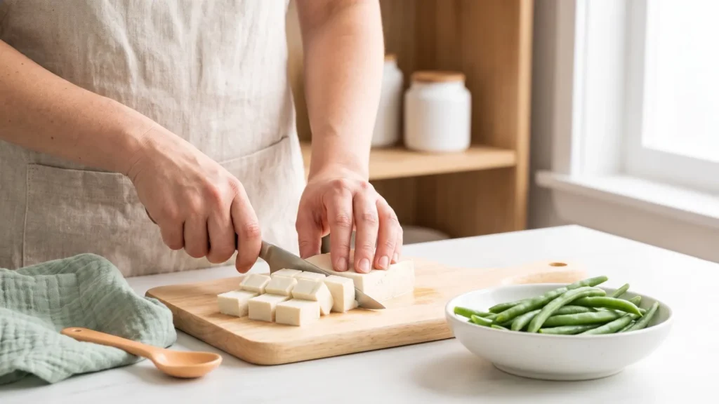 Mains qui coupent du tofu soyeux en petits dés à côté de haricots verts vapeur