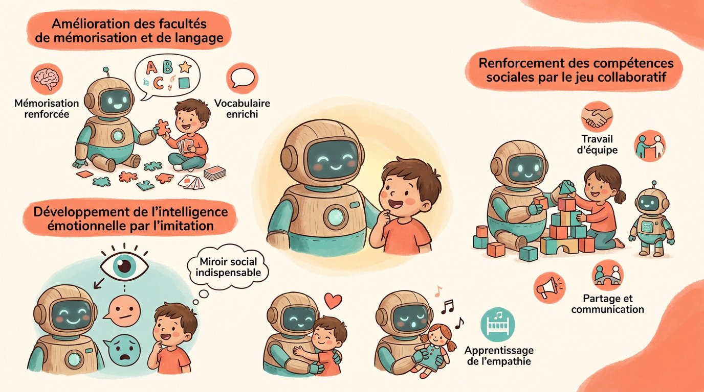 Enfant interagissant avec un robot éducatif pour stimuler son éveil cognitif