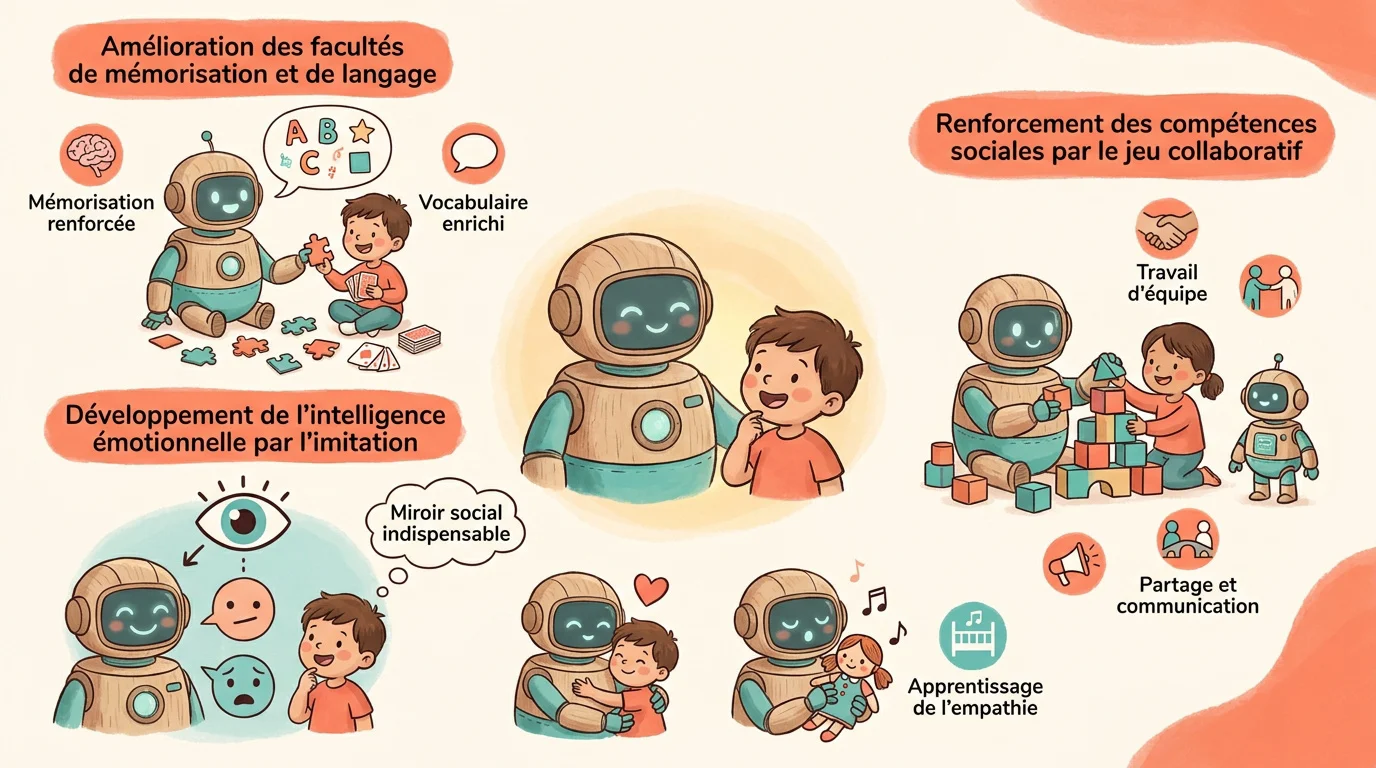 Enfant interagissant avec un robot éducatif pour stimuler son éveil cognitif
