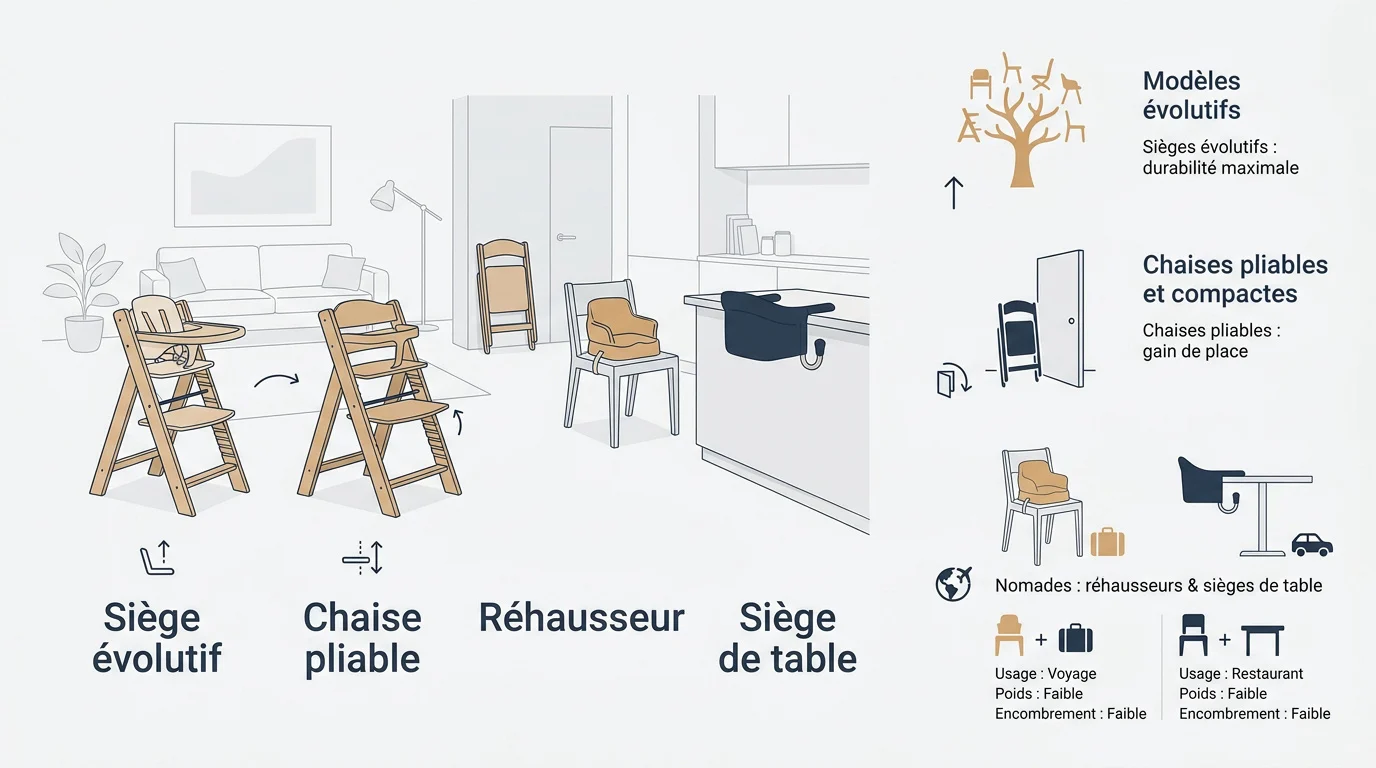 solutions de sieges pour enfants evolutifs pliables nomades Comparaison des différents types de chaises hautes pour bébé : évolutives, pliables et sièges nomades