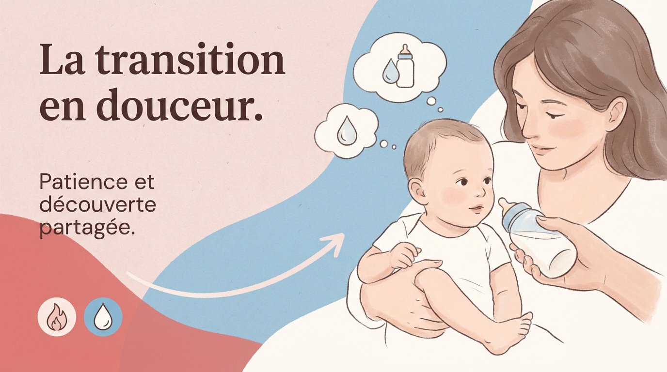 Bébé serein découvrant son premier biberon de lait maternel