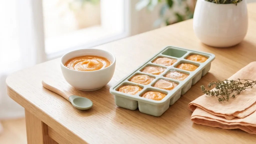 Portions de purée bio surgelées dans un bac en silicone et bol de purée réchauffée