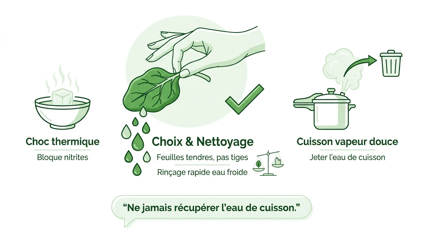 Infographie expliquant les 3 règles de sécurité pour limiter les nitrates dans les épinards pour bébé