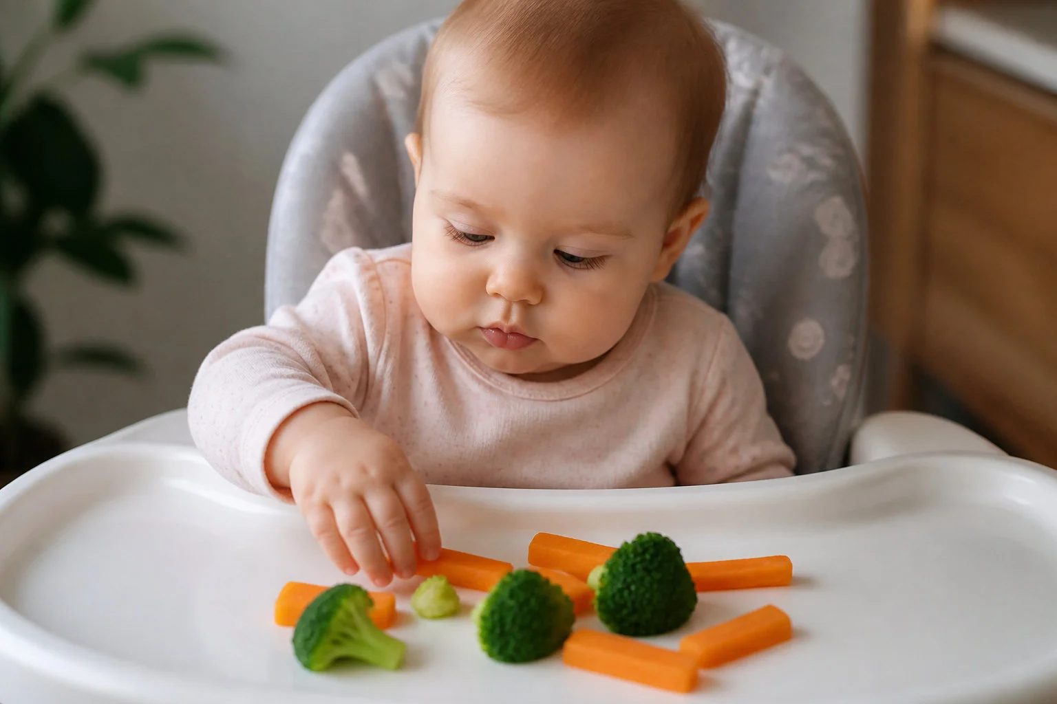 baby eating broccoli and carrots Adopter la méthode de diversification menée par l'enfant
