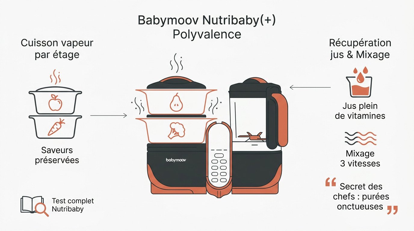 Robot cuiseur Babymoov Nutribaby plus avec ses deux paniers de cuisson vapeur