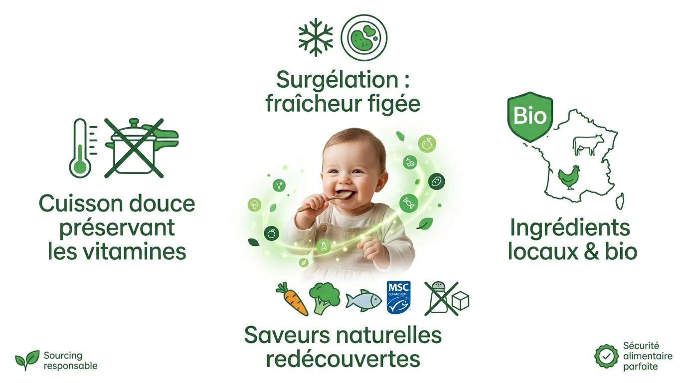 Bébé heureux mangeant une purée bio cuisinée à basse température