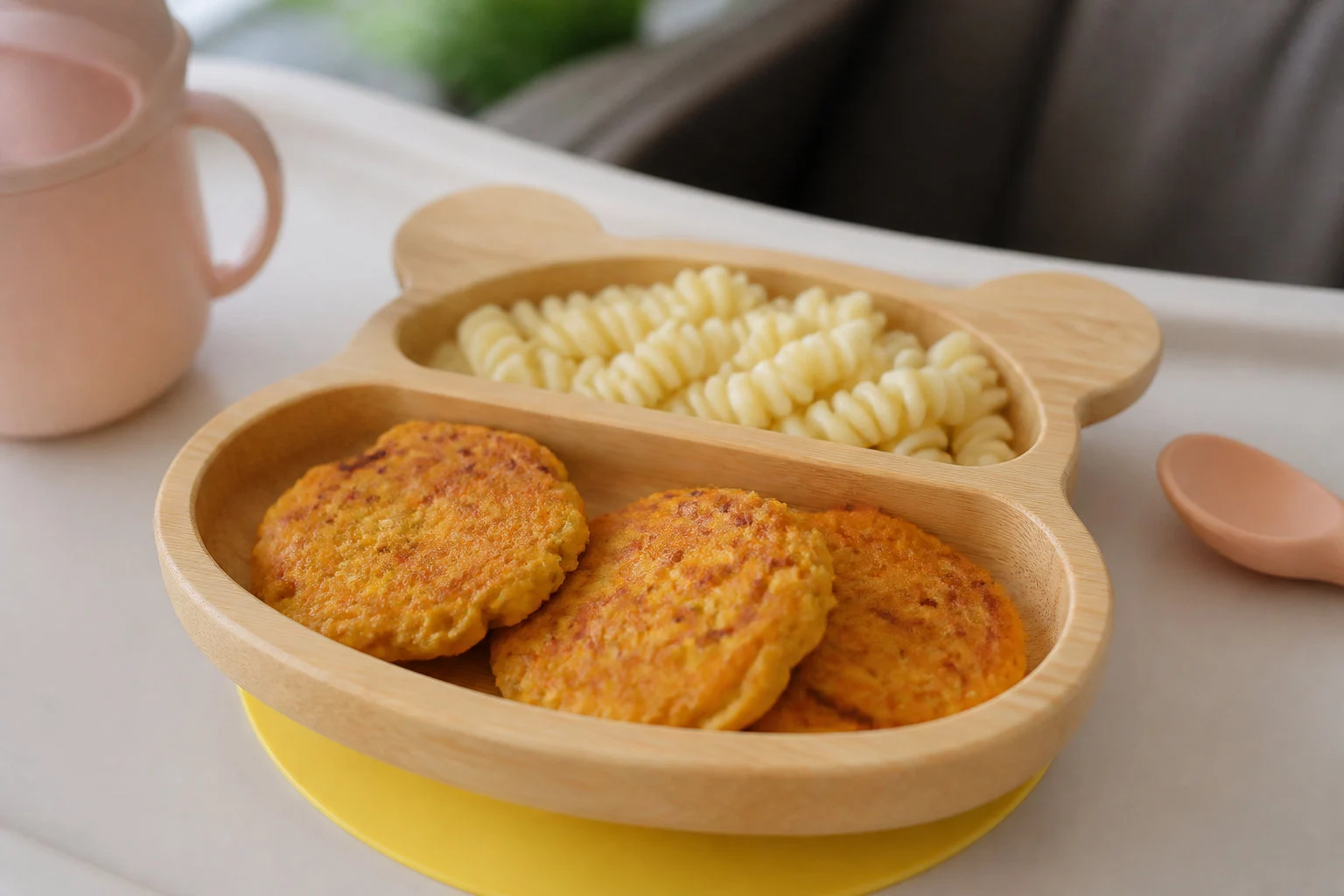carrot pancakes and pasta on plate Varier les textures pour les bébés de 8 à 12 mois