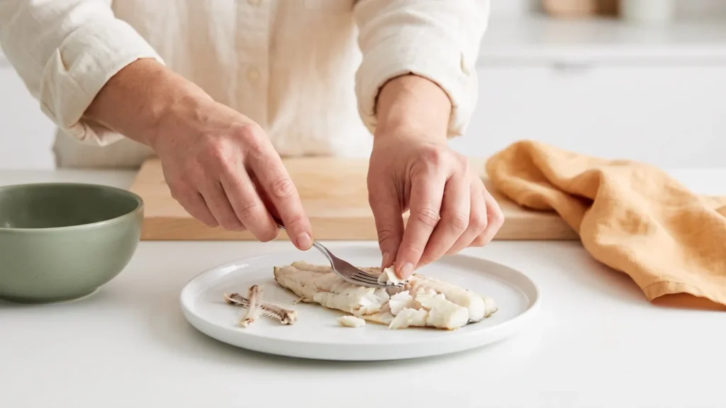 Mains qui retirent les arêtes d'un filet de poisson blanc cuit et l'émiettent