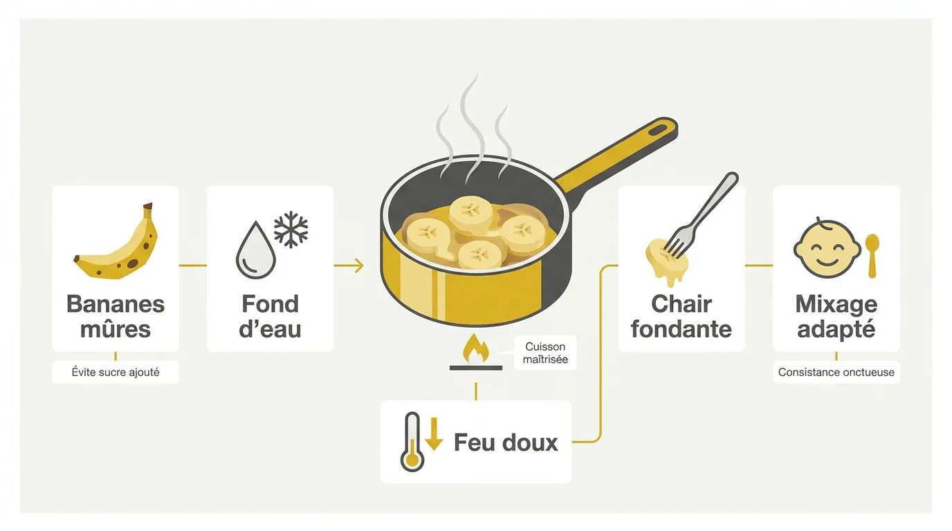 cuisson des bananes etapes simplifiees Étapes de cuisson des bananes en rondelles dans une casserole avec un fond d'eau