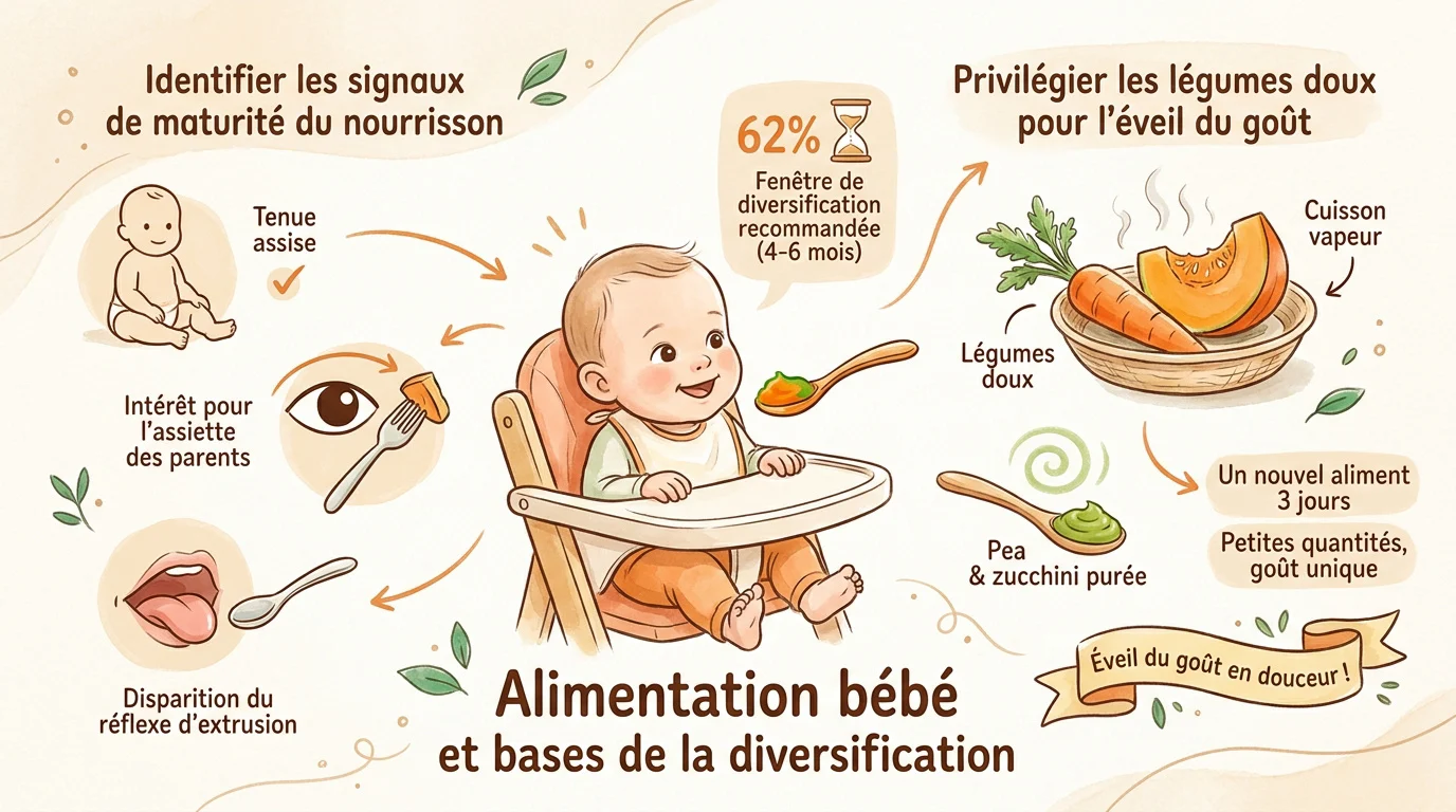 Bébé découvrant des purées de légumes colorées pour l'éveil du goût