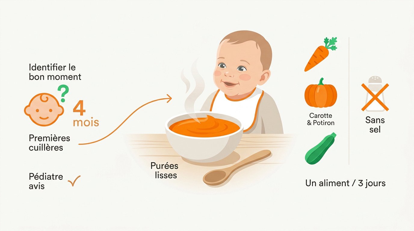Bébé découvrant sa première cuillère de purée de légumes lors de la diversification alimentaire