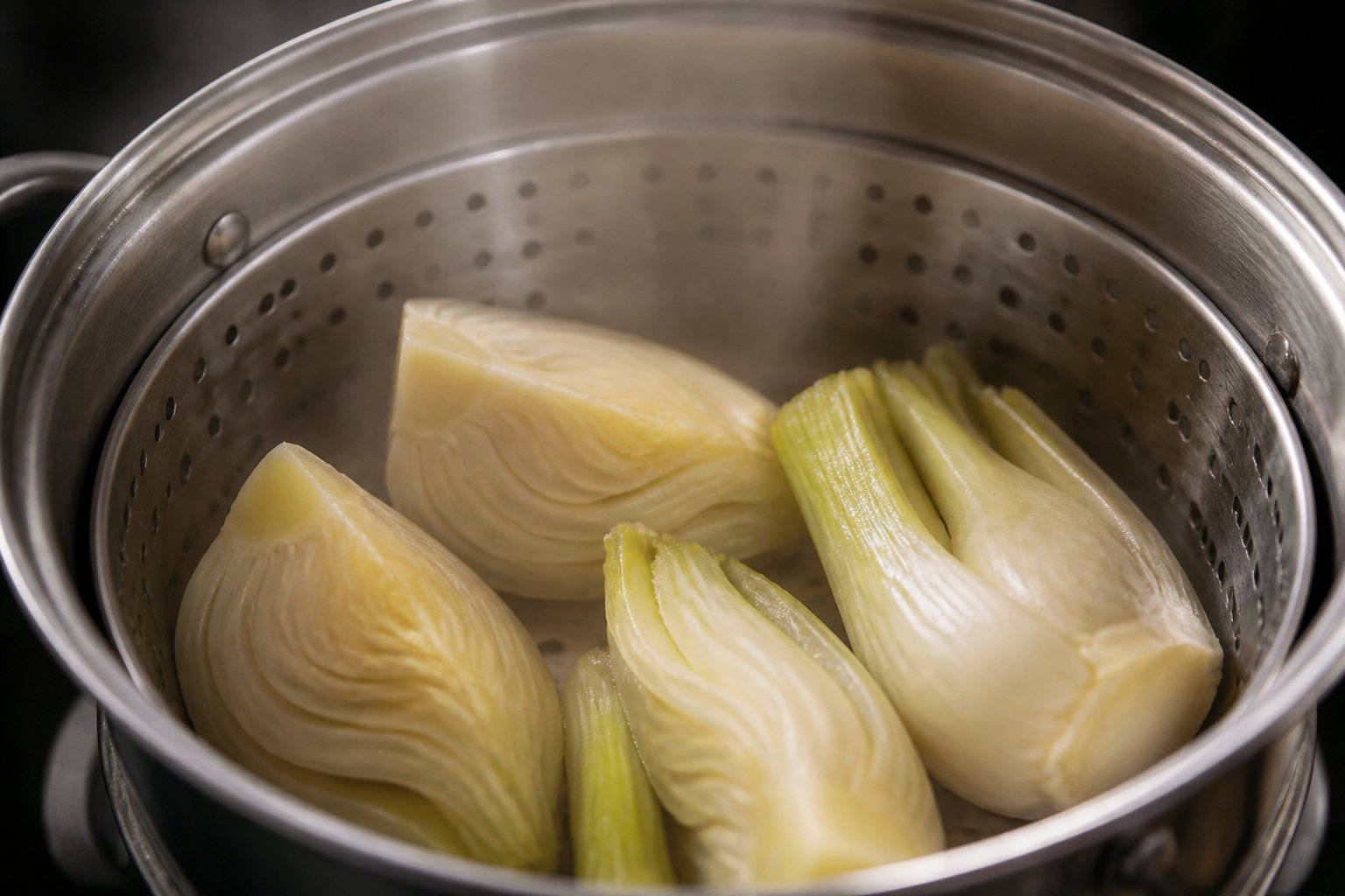 fennel quarters steaming in a steamer Recette de la purée de fenouil onctueuse pas à pas
