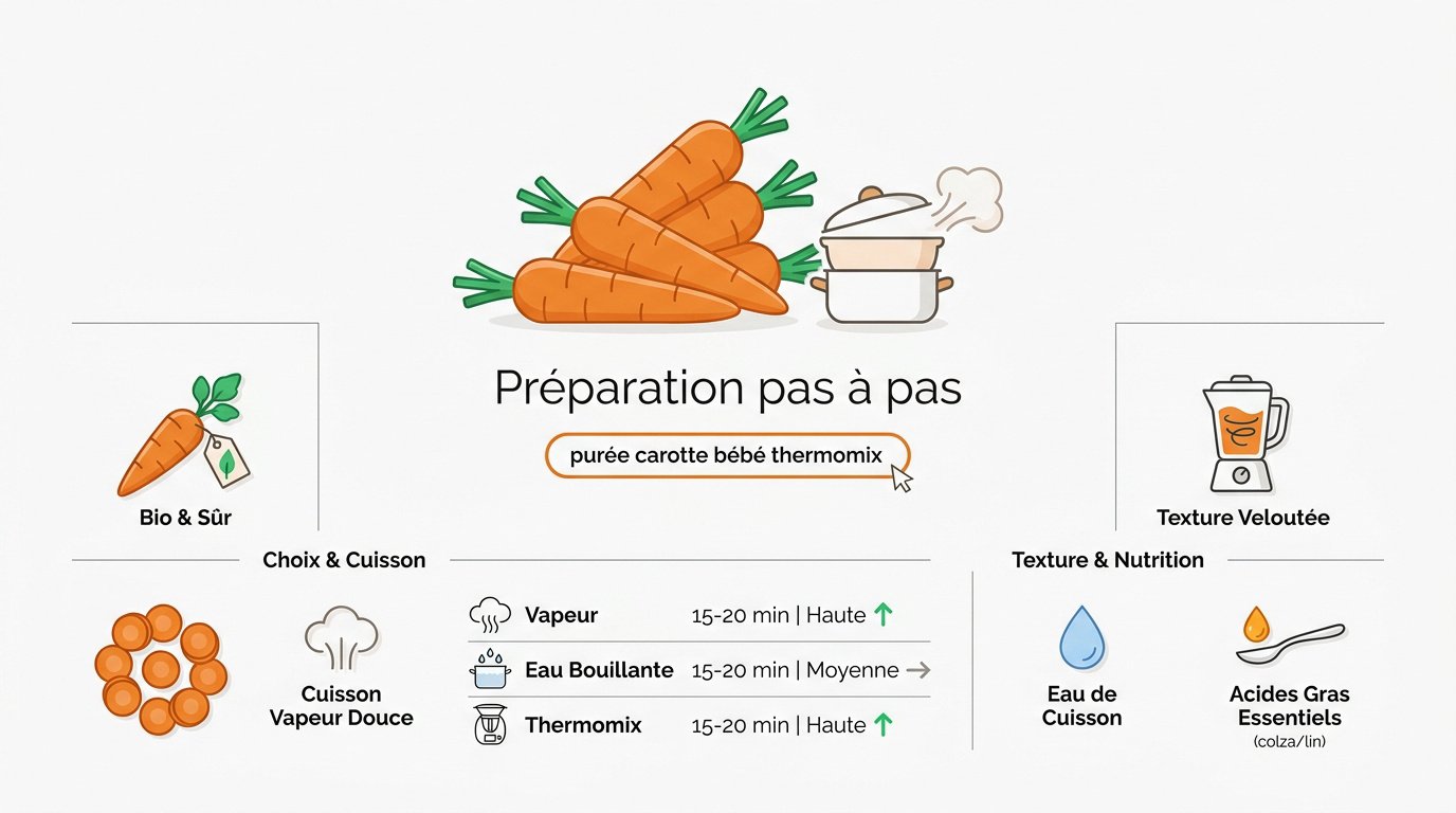 Préparation d'une purée de carottes lisse pour bébé dans une cuisine familiale