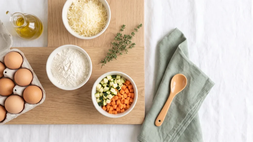 Œufs, farine, fromage râpé, courgette et carotte pour un cake salé