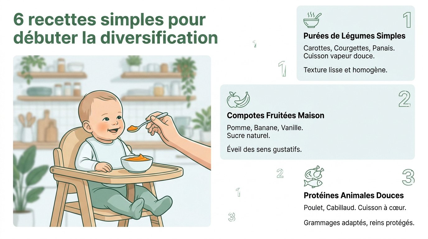 Infographie présentant 6 recettes variées de purées et compotes pour bébé au Thermomix