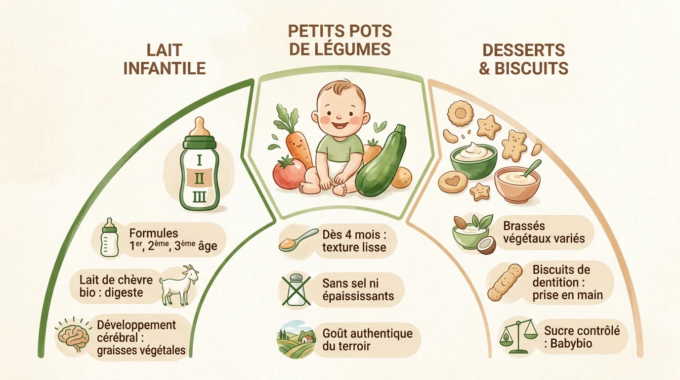 Infographie présentant les gammes de laits infantiles, petits pots et desserts Babybio pour bébé