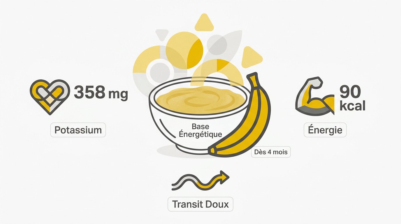 infographie bienfaits de la compote de banane Infographie détaillant les bienfaits nutritionnels du potassium et des vitamines dans la compote de bananes pour bébé