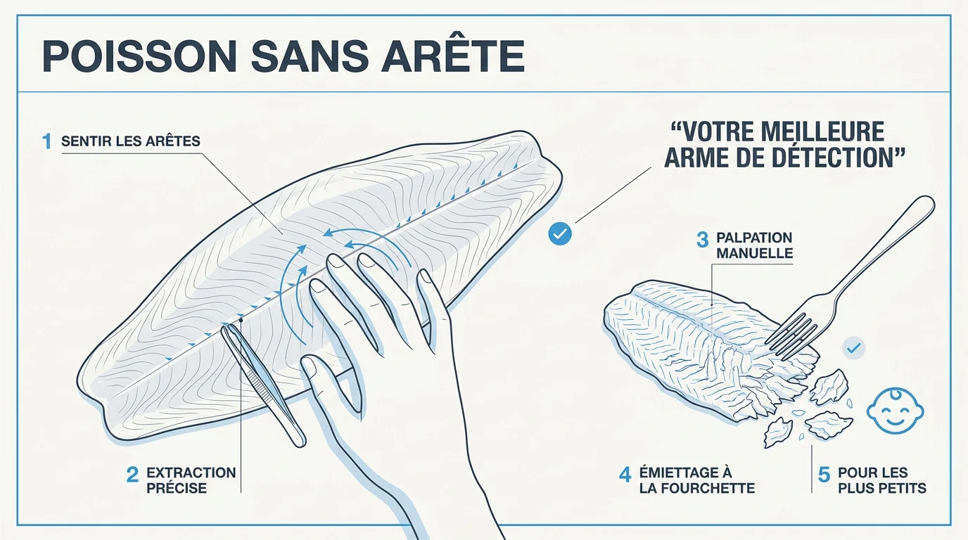 Infographie détaillant les étapes pour préparer un filet de poisson sans arêtes pour bébé